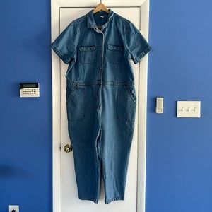 Denim boiler suit style jumpsuit with short sleeves